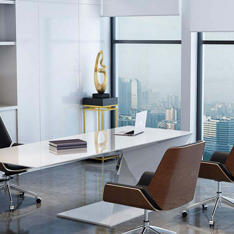 Nordic Leather Steel Swivel Desk Chair — Yellow Seat & White Frame / Wheeled Leg