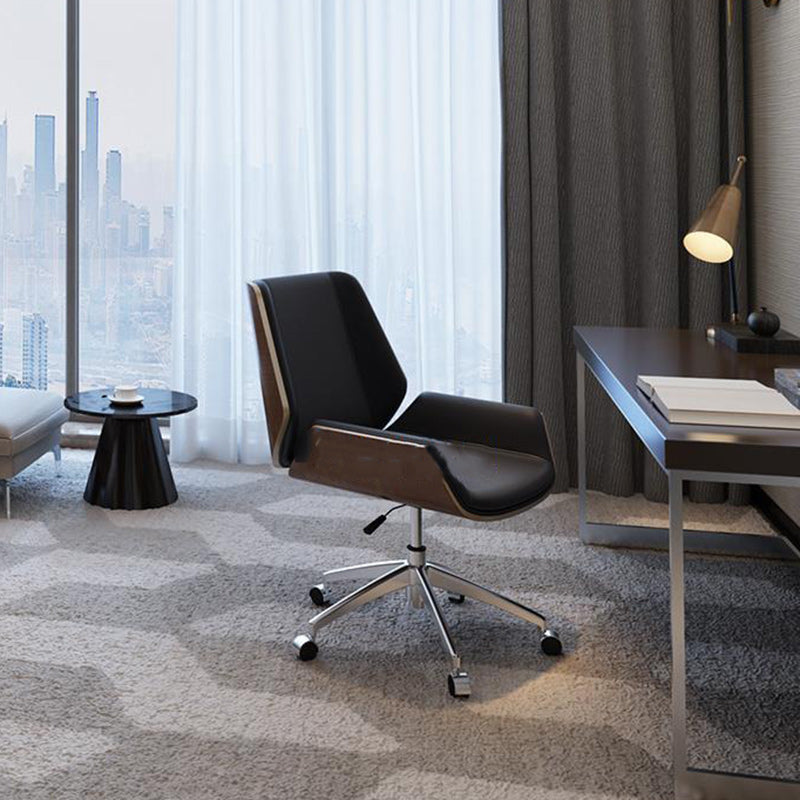Nordic Leather Steel Swivel Desk Chair — Black Seat & Walnut Color Frame / Wheeled Leg