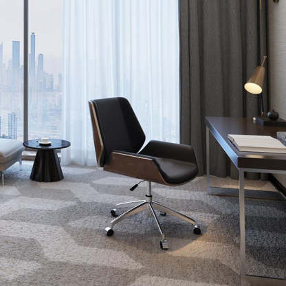 Nordic Leather Steel Swivel Desk Chair — Black Seat & Walnut Color Frame / Wheeled Leg