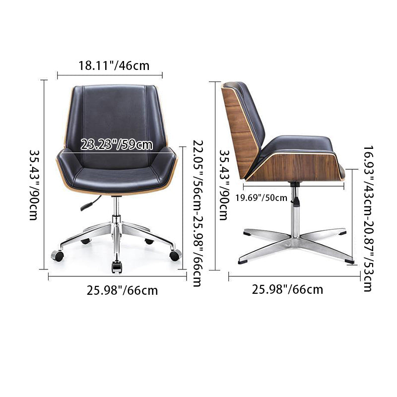 Nordic Leather Steel Swivel Desk Chair — Black Seat & White Frame / Wheeled Leg