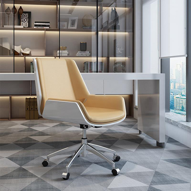 Nordic Leather Steel Swivel Desk Chair — Black Seat & Walnut Color Frame / Fixed Leg