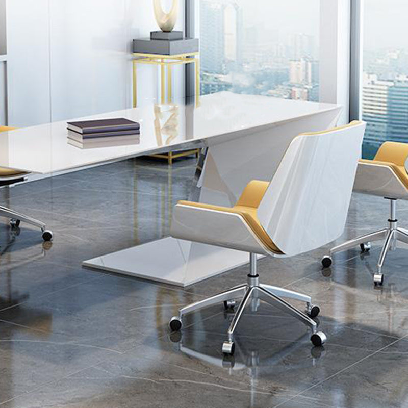 Nordic Leather Steel Swivel Desk Chair — Orange Seat & White Frame / Wheeled Leg