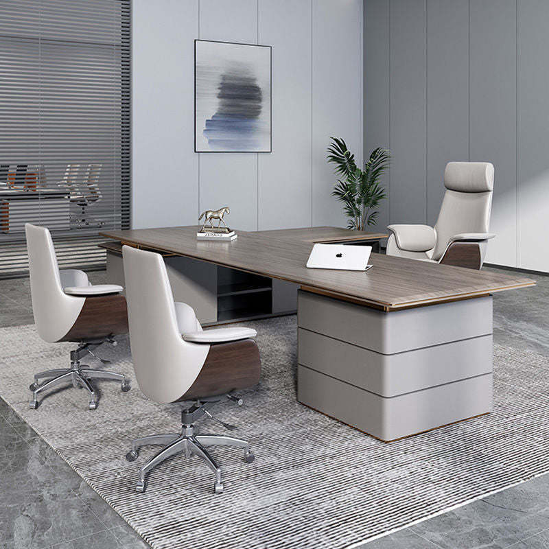 Modern Microfiber Leather Wood Grain Desk Chair — High Back / White