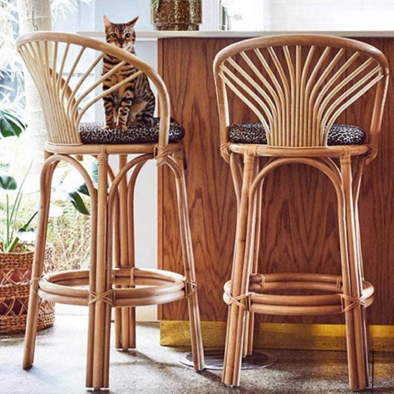 Nordic Rattan Curved-Back Bar Stool — Wood Color