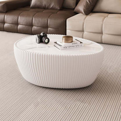 Nordic Stone PU Leather Wood Pebble Coffee Table — White