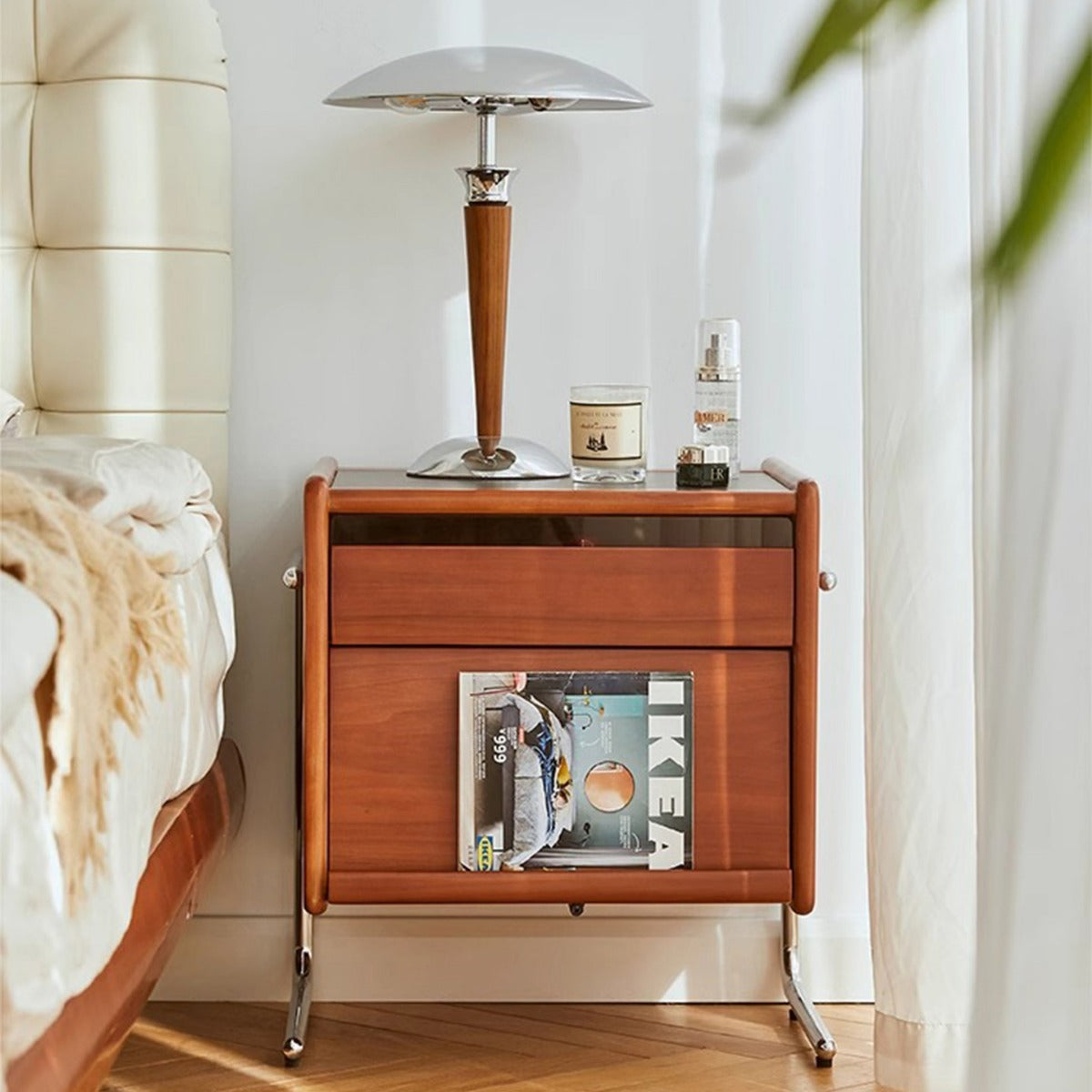 Lighom creative pine curved steel glass wood nightstands