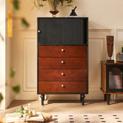 Vintage Wood 4-Drawer Storage Cabinet — Black + Walnut Color
