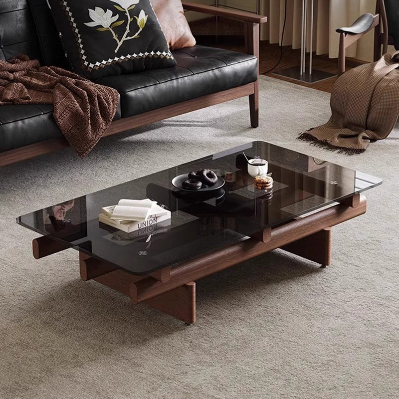Vintage Ash Wood Glass Coffee Table — Walnut Color
