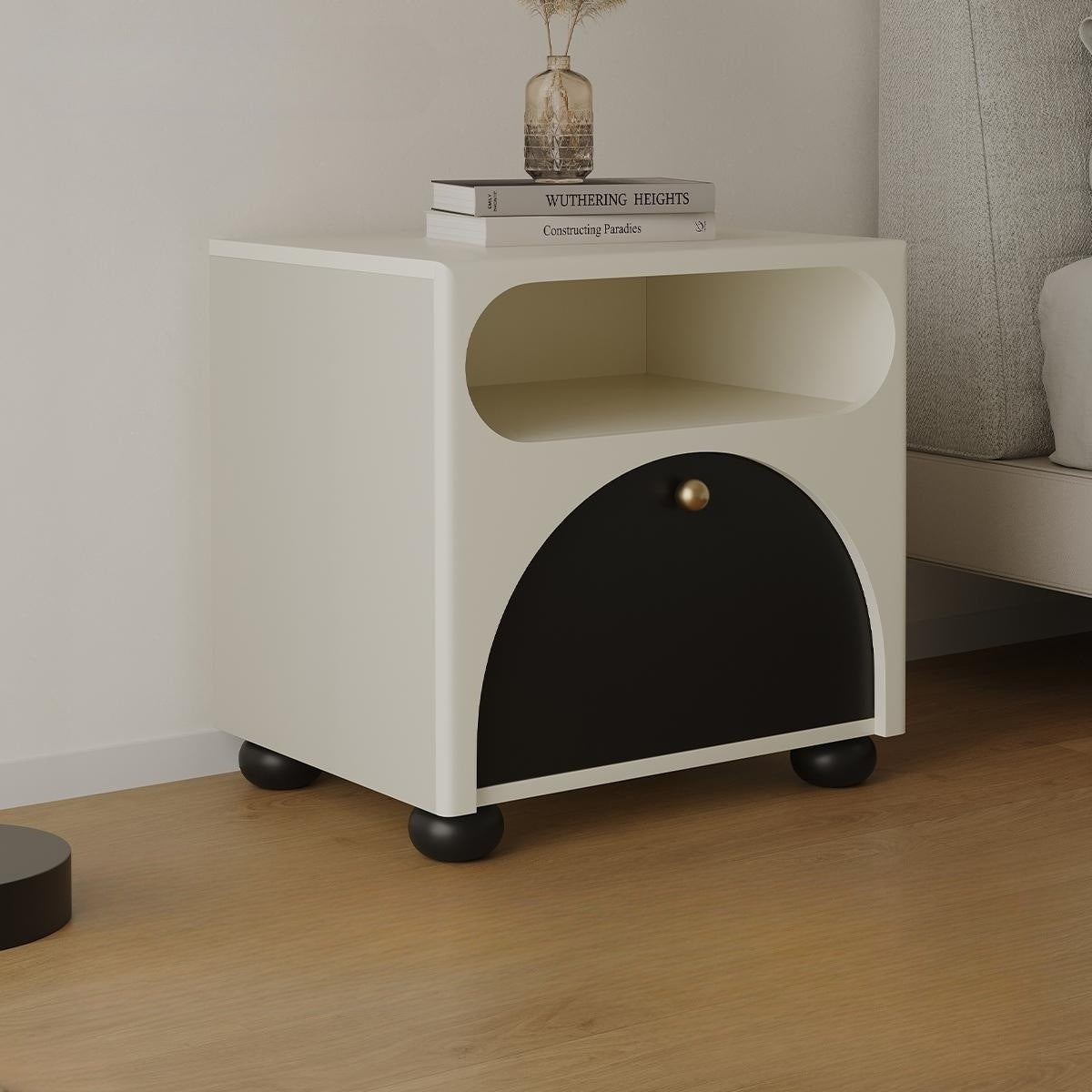 Nordic Pine Cube Dice Nightstand 1-Drawer — White + Black