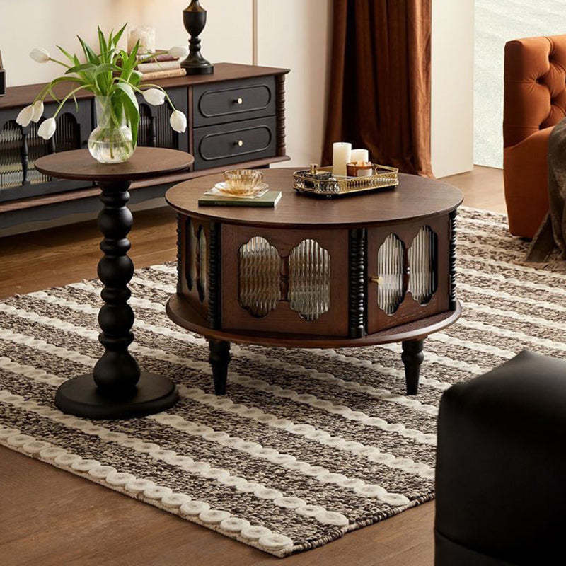 Vintage Rubberwood Round Coffee Table — Walnut Color