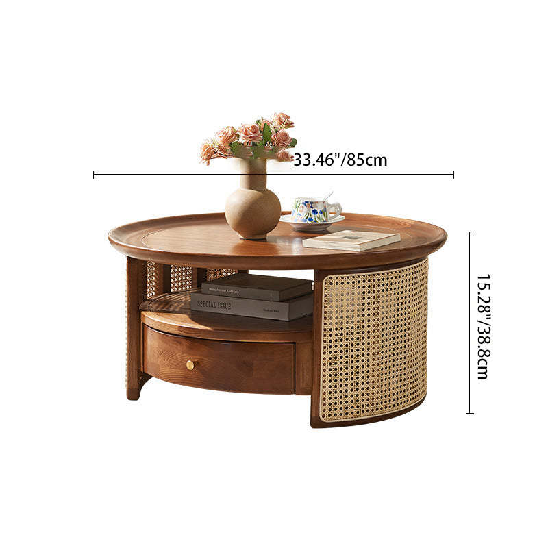 Vintage Wood Rattan Round Coffee Table 1-Drawer — Cherry Wood Color / Wood