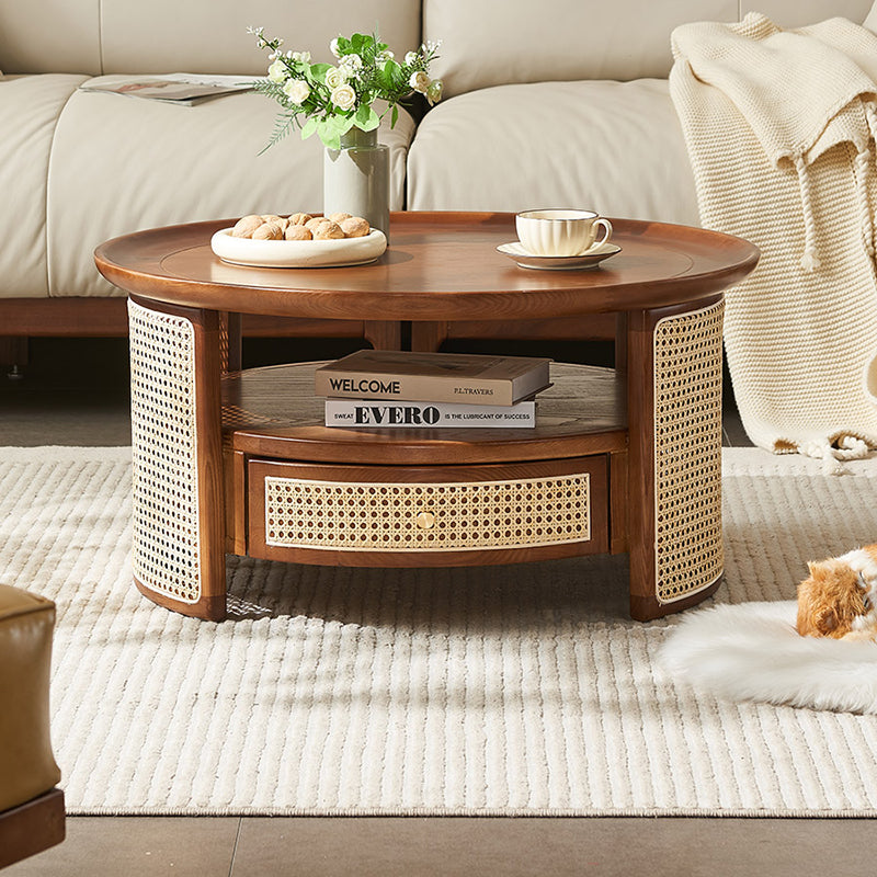 Vintage Wood Rattan Round Coffee Table 1-Drawer