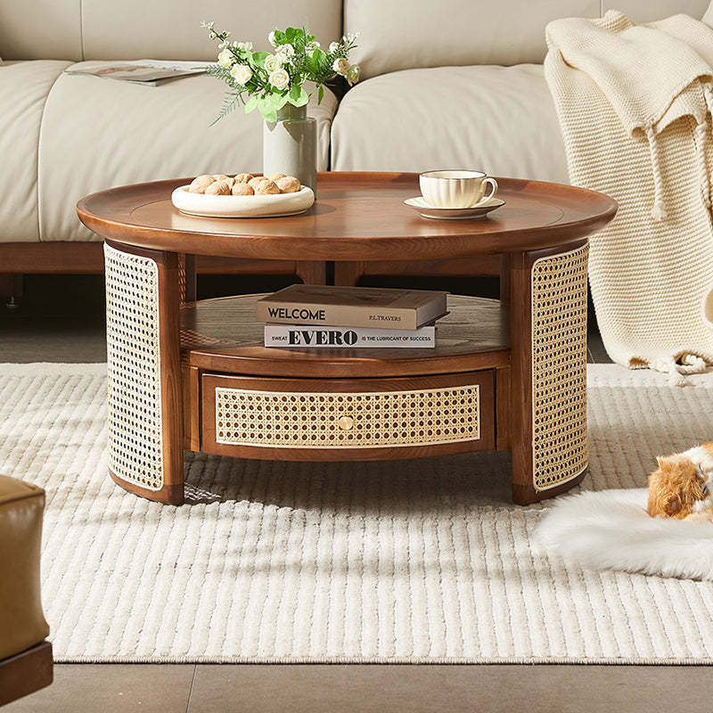 Vintage Wood Rattan Round Coffee Table 1-Drawer — Walnut Color / Wood