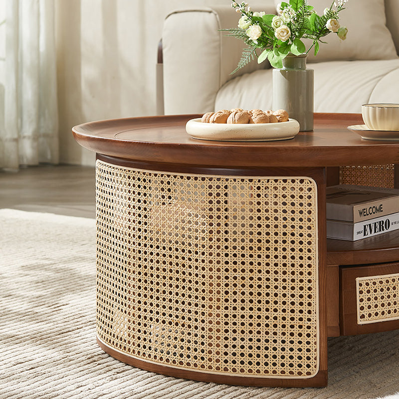Vintage Wood Rattan Round Coffee Table 1-Drawer — Walnut Color / Wood