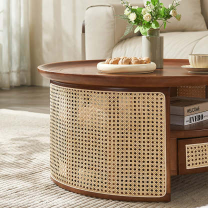 Vintage Wood Rattan Round Coffee Table 1-Drawer — Walnut Color / Wood