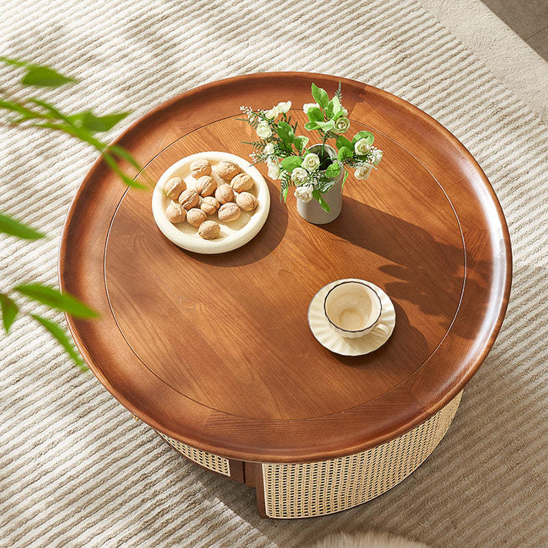 Vintage Wood Rattan Round Coffee Table 1-Drawer — Walnut Color / Rattan