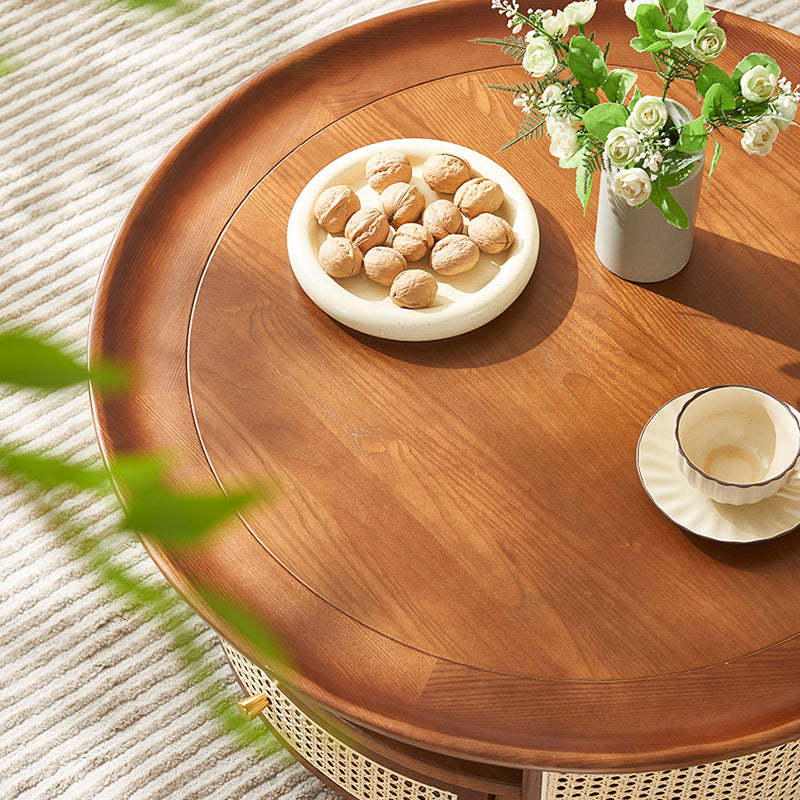 Vintage Wood Rattan Round Coffee Table 1-Drawer — Cherry Wood Color / Rattan