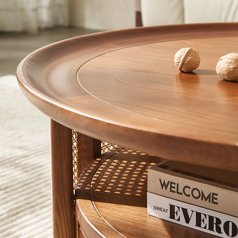 Vintage Wood Rattan Round Coffee Table 1-Drawer — Original Wood Color / Wood