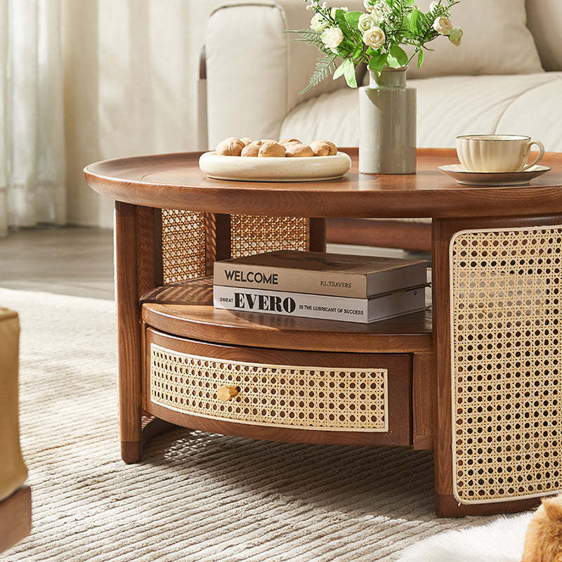 Vintage Wood Rattan Round Coffee Table 1-Drawer — Original Wood Color / Rattan