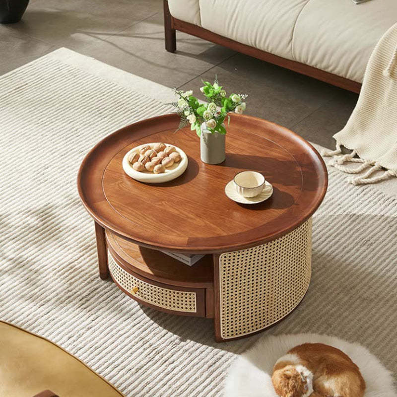 Vintage Wood Rattan Round Coffee Table 1-Drawer — Black / Rattan