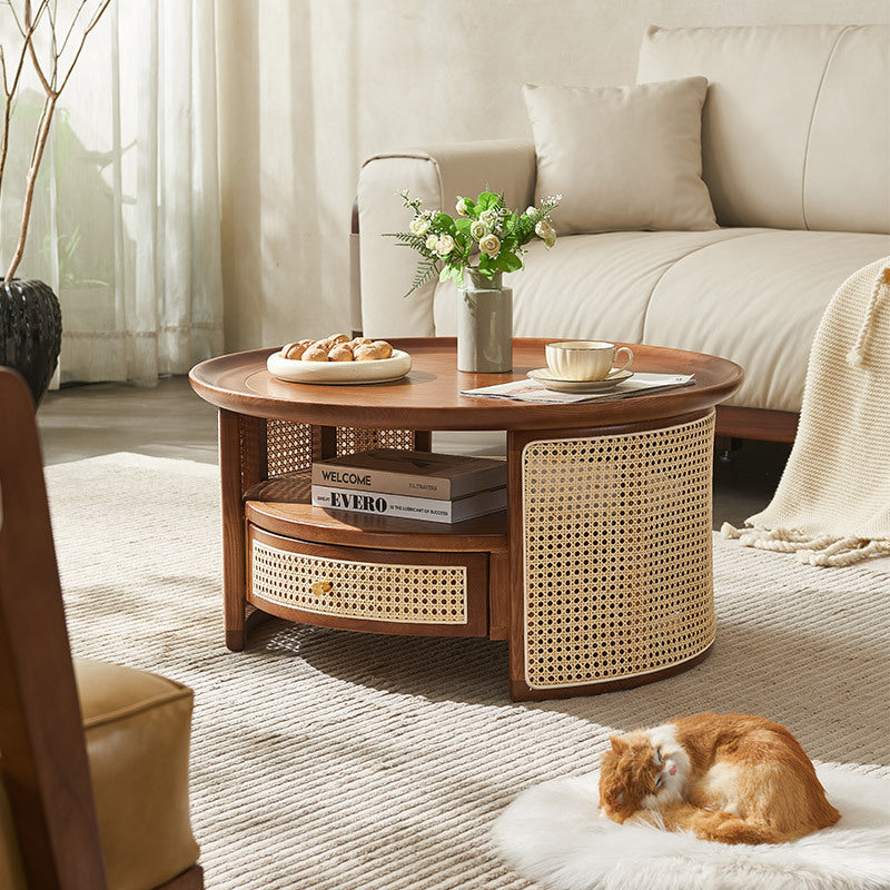 Vintage Wood Rattan Round Coffee Table 1-Drawer — Black / Wood