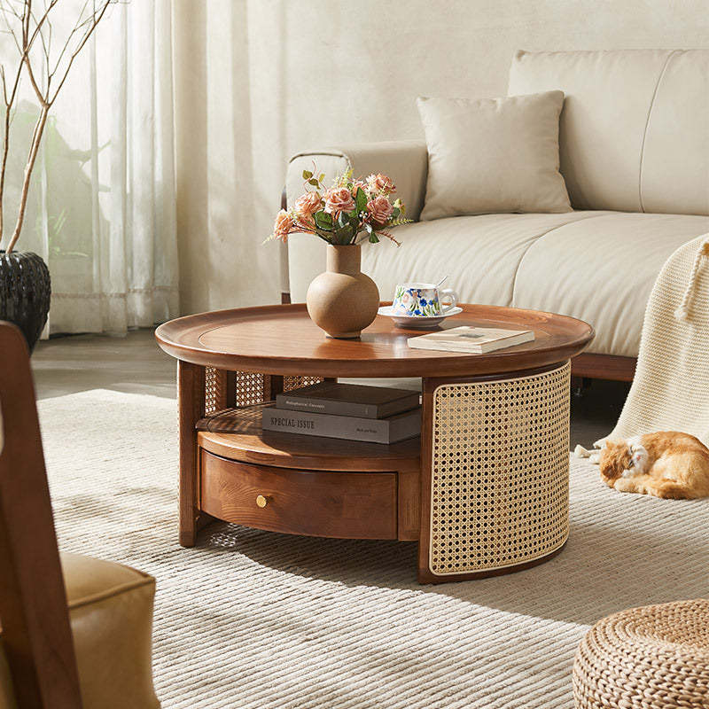 Vintage Wood Rattan Round Coffee Table 1-Drawer — Walnut Color / Rattan