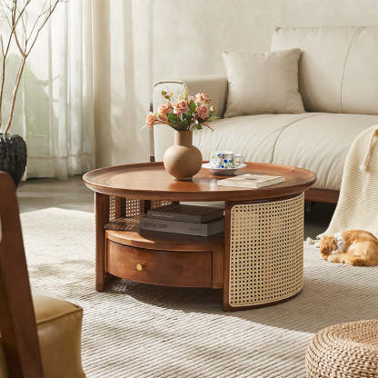 Vintage Wood Rattan Round Coffee Table 1-Drawer — Walnut Color / Rattan