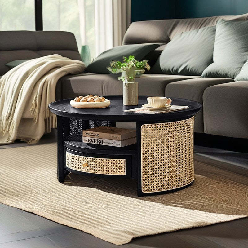 Vintage Wood Rattan Round Coffee Table 1-Drawer — Cherry Wood Color / Rattan
