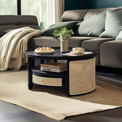 Vintage Wood Rattan Round Coffee Table 1-Drawer — Cherry Wood Color / Rattan