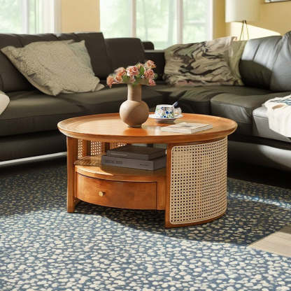 Vintage Wood Rattan Round Coffee Table 1-Drawer — Original Wood Color / Wood