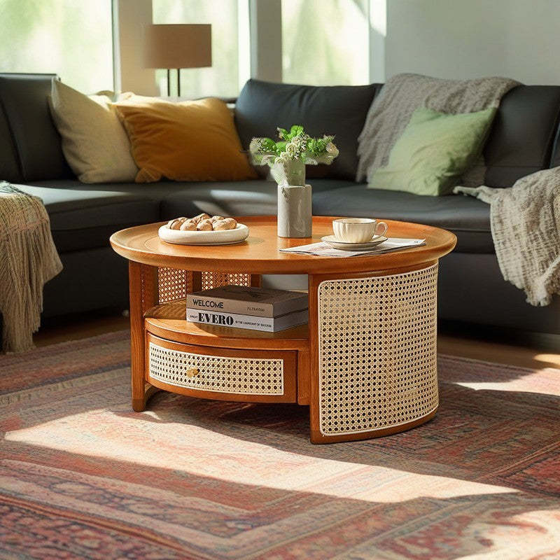 Vintage Wood Rattan Round Coffee Table 1-Drawer — Original Wood Color / Rattan