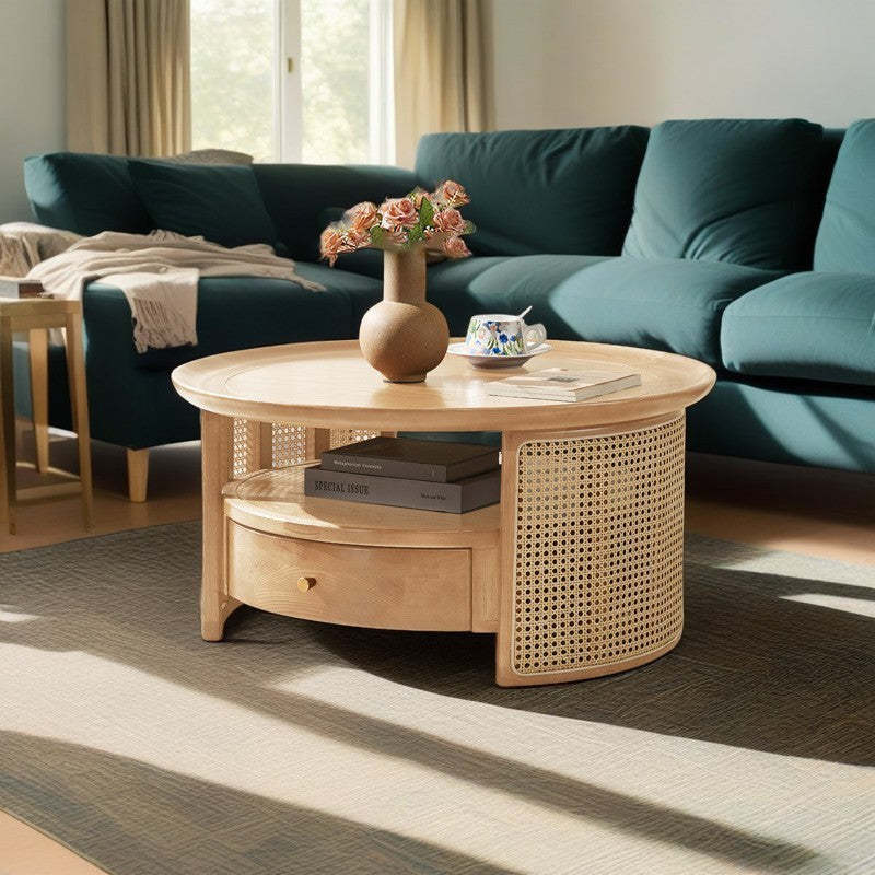 Traditional round 1-drawer wood coffee tables — 15.28" H x 31.5" Dia / Solid Wood / Natural Wood
