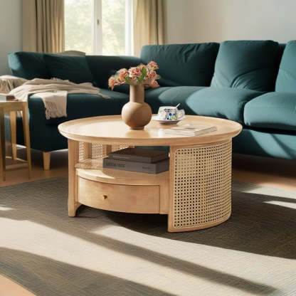 Vintage Wood Rattan Round Coffee Table 1-Drawer