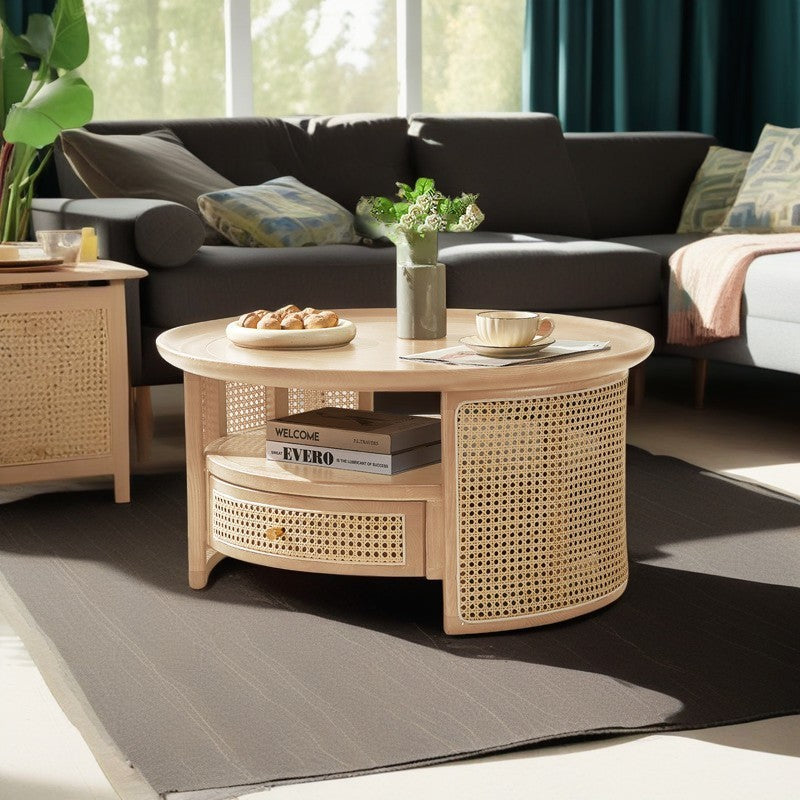 Vintage Wood Rattan Round Coffee Table 1-Drawer