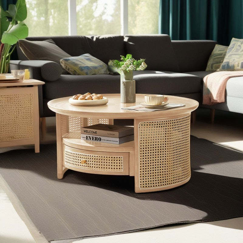 Vintage Wood Rattan Round Coffee Table 1-Drawer