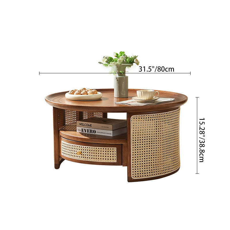 Vintage Wood Rattan Round Coffee Table 1-Drawer — Black / Rattan