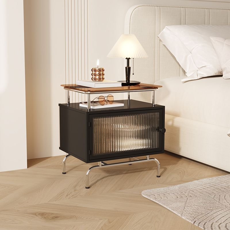 French Iron Glass 1-Cabinet Table — Black