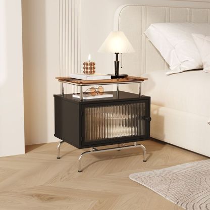 French Iron Glass 1-Cabinet Table — Black