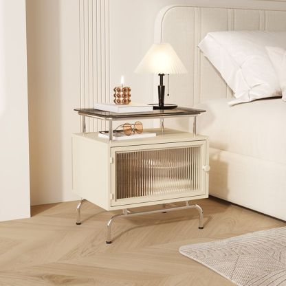 French Iron Glass 1-Cabinet Table — Beige