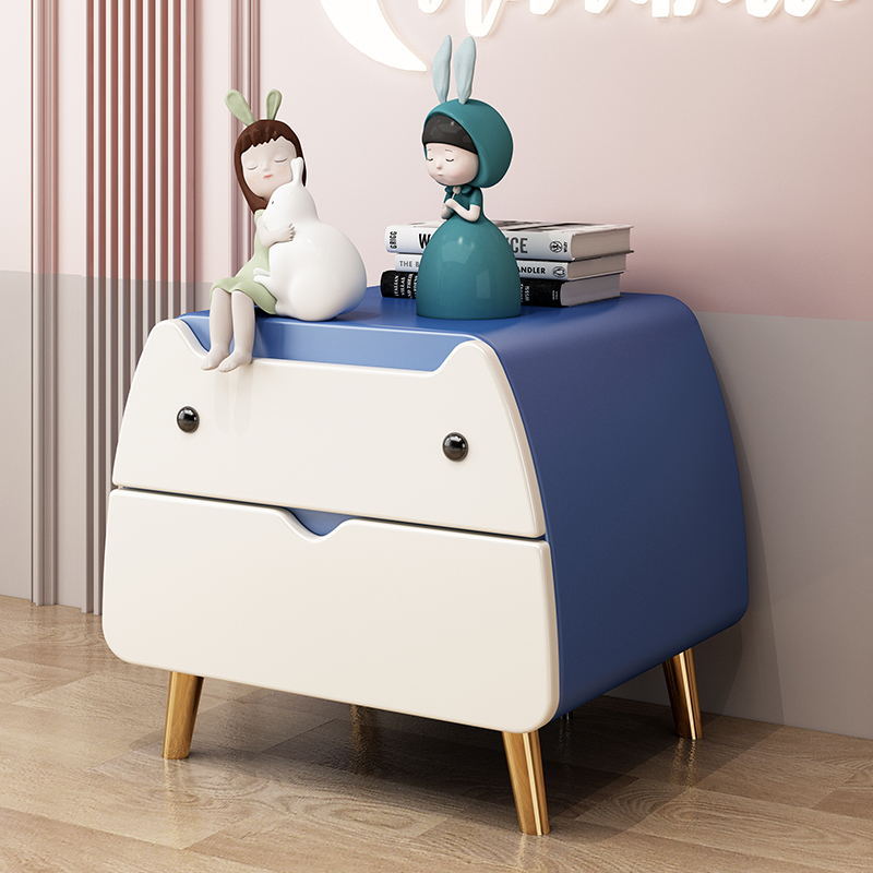 Contemporary Microfiber Leather 2-Drawer Footstool — Black Feet + Light Blue