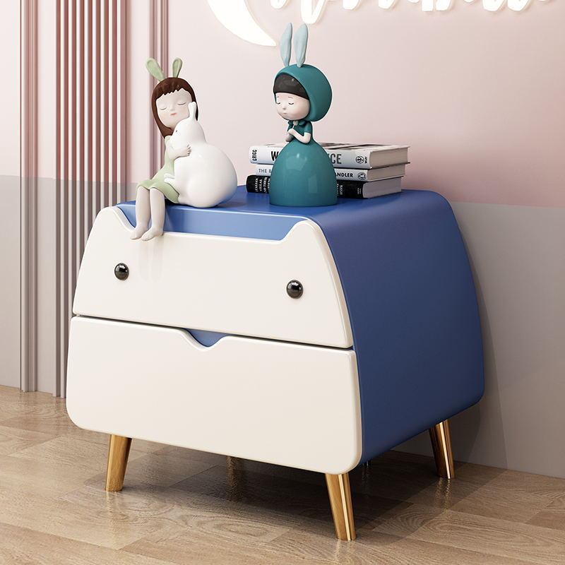 Contemporary Microfiber Leather 2-Drawer Footstool — Black Feet + Light Blue