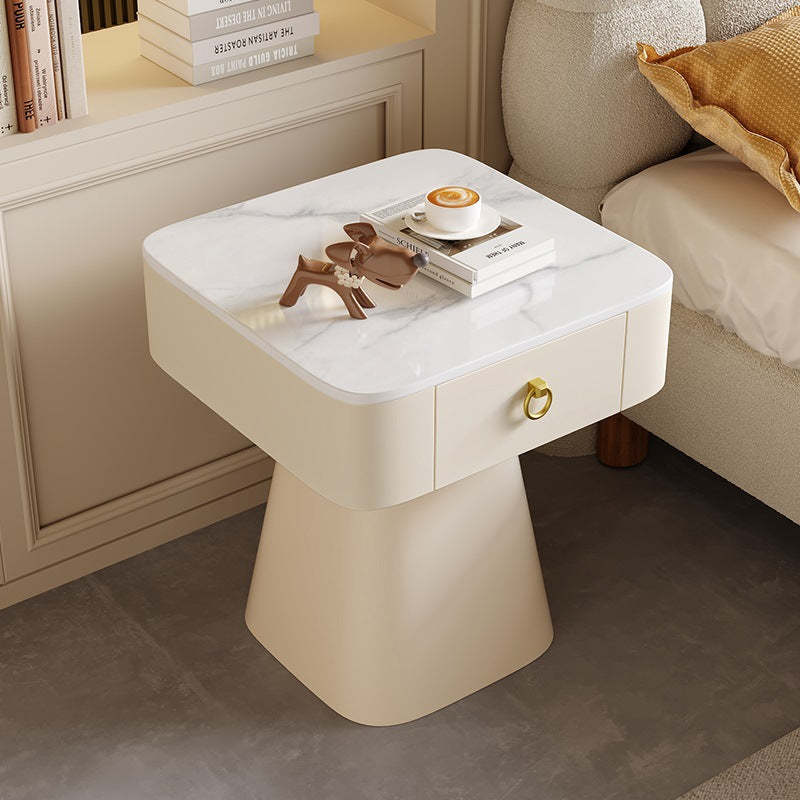 French Carbon Steel 1-Drawer Nightstand — Beige Base + Marble White