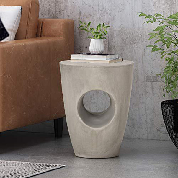 Contemporary Magnesium Oxide Round Tree-Hollow Side Table — Gray