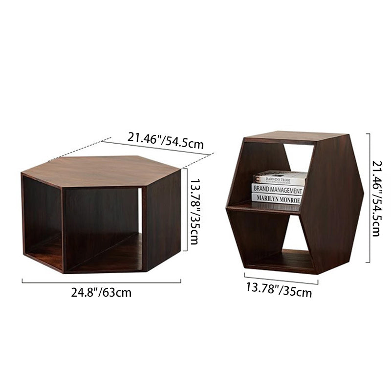 Minimalist Engineered Wood Hexagon 3-Tier Side Table — Charred Wood Color