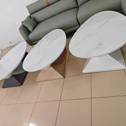 Minimalist Stone Wood Panel Oval Coffee Table