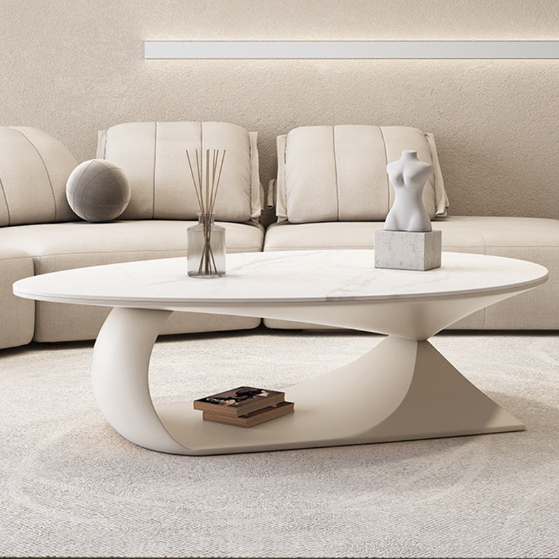 Minimalist Stone Wood Panel Oval Coffee Table — White