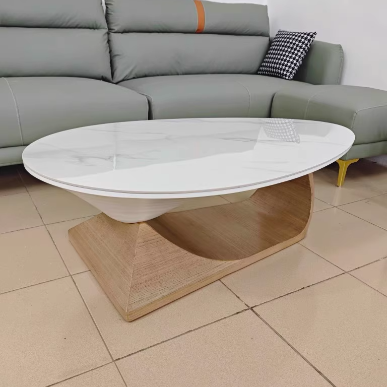 Minimalist Stone Wood Panel Oval Coffee Table — Original Wood Color