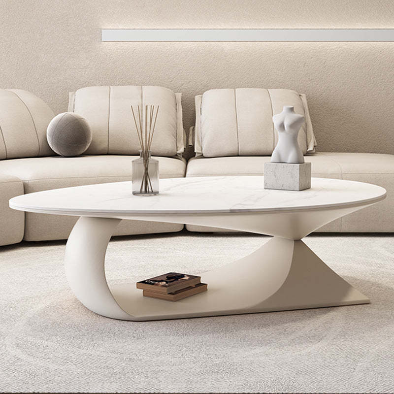 Minimalist Stone Wood Panel Oval Coffee Table — White