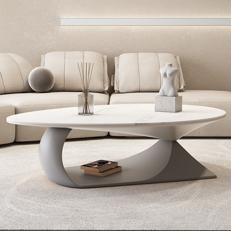 Minimalist Stone Wood Panel Oval Coffee Table — Gray