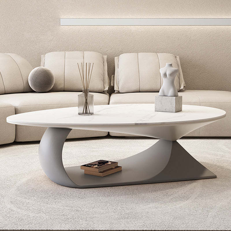 Minimalist Stone Wood Panel Oval Coffee Table — Gray